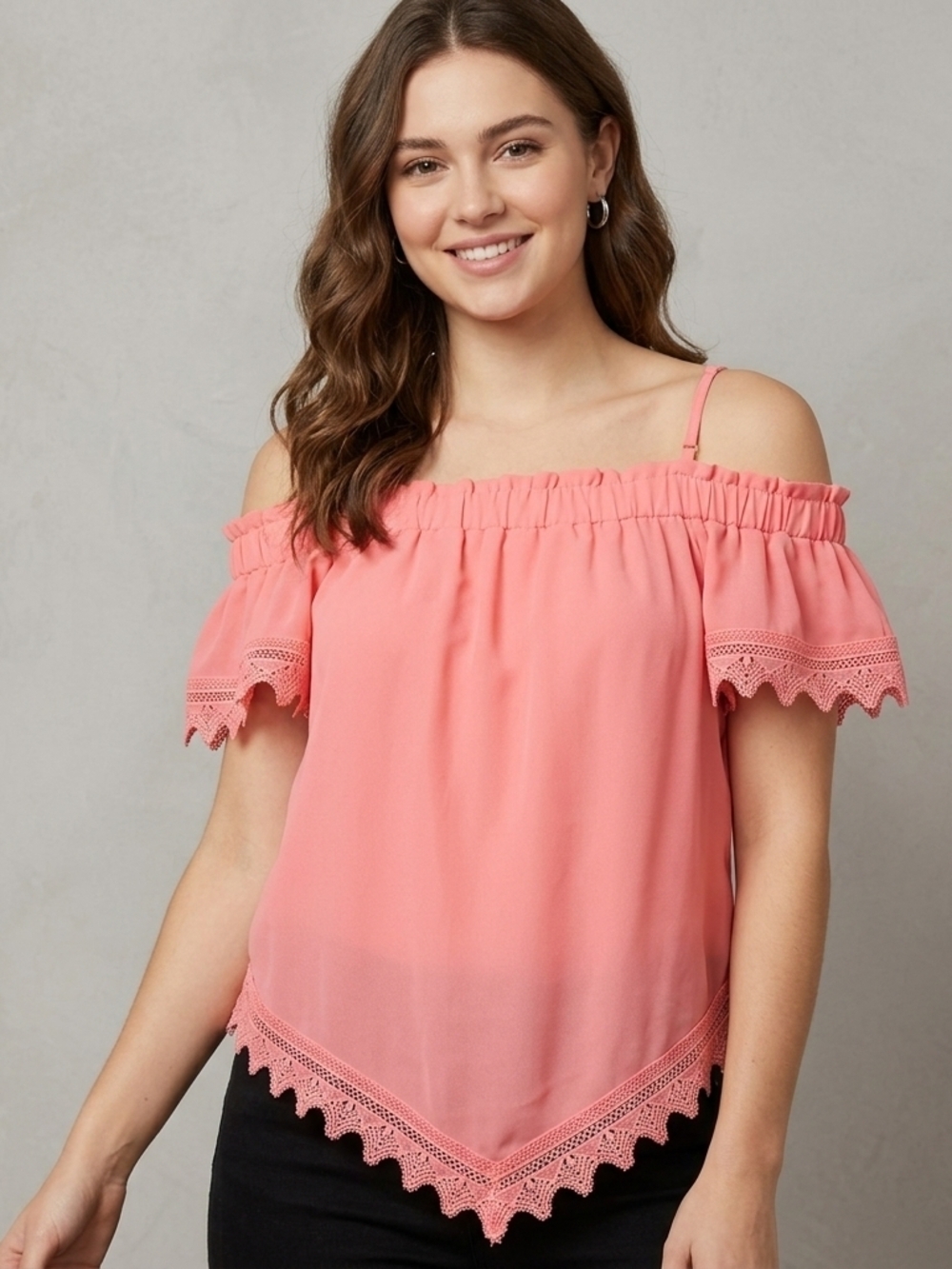 by & by Pink Lace Trim Cold Shoulder Boho Blouse Top Womens Medium